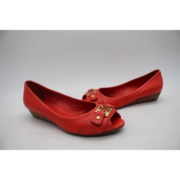 Tory Burch Shoes - Tory Burch Emma Wedge Women's Size 6.5 Red Leather Peep Toe Shoes